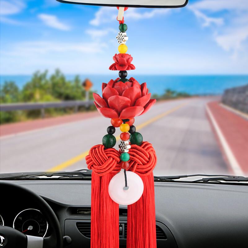 Cinnabar Rearview Mirror Pendant: Double-Sided Chinese Knot Gourd for Safe Entry and Exit.