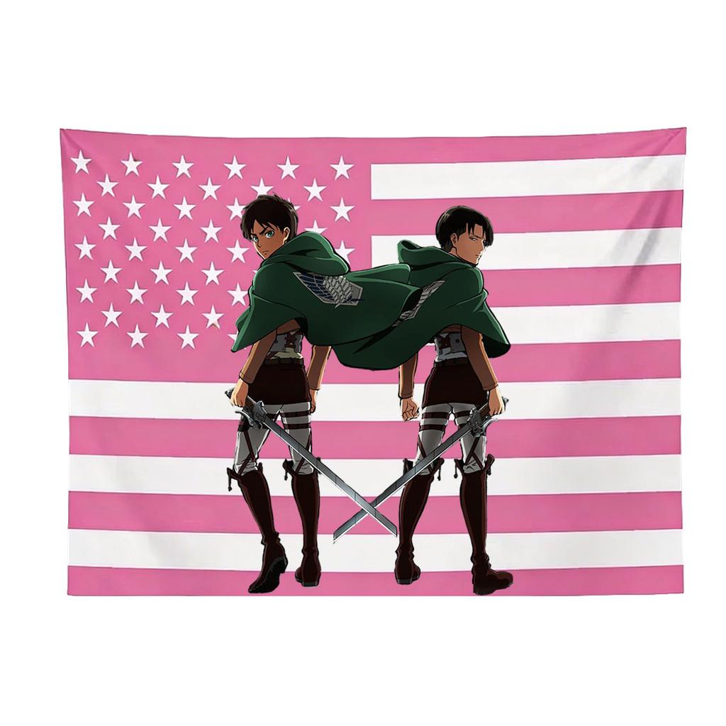 Attack On Titan Eren Levi Pink American Flag Tapestry Anime Fan Merch Wall Hanging for Bedroom Living Room Flat Print Decor