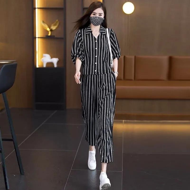 

Женский летний тонкий полосатый костюм рубашка с короткими рукавами + широкие брюки костюм-двойка для поездок на работу 4XL чёрный