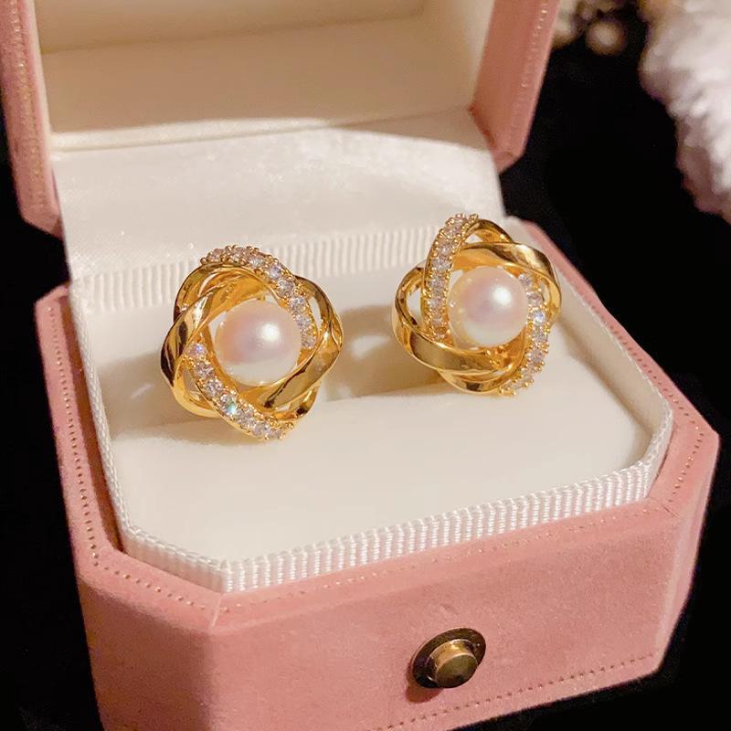 2024 Elegant Rhinestone Pearl Earrings - High-End Bird's Nest Design for All-Match Style