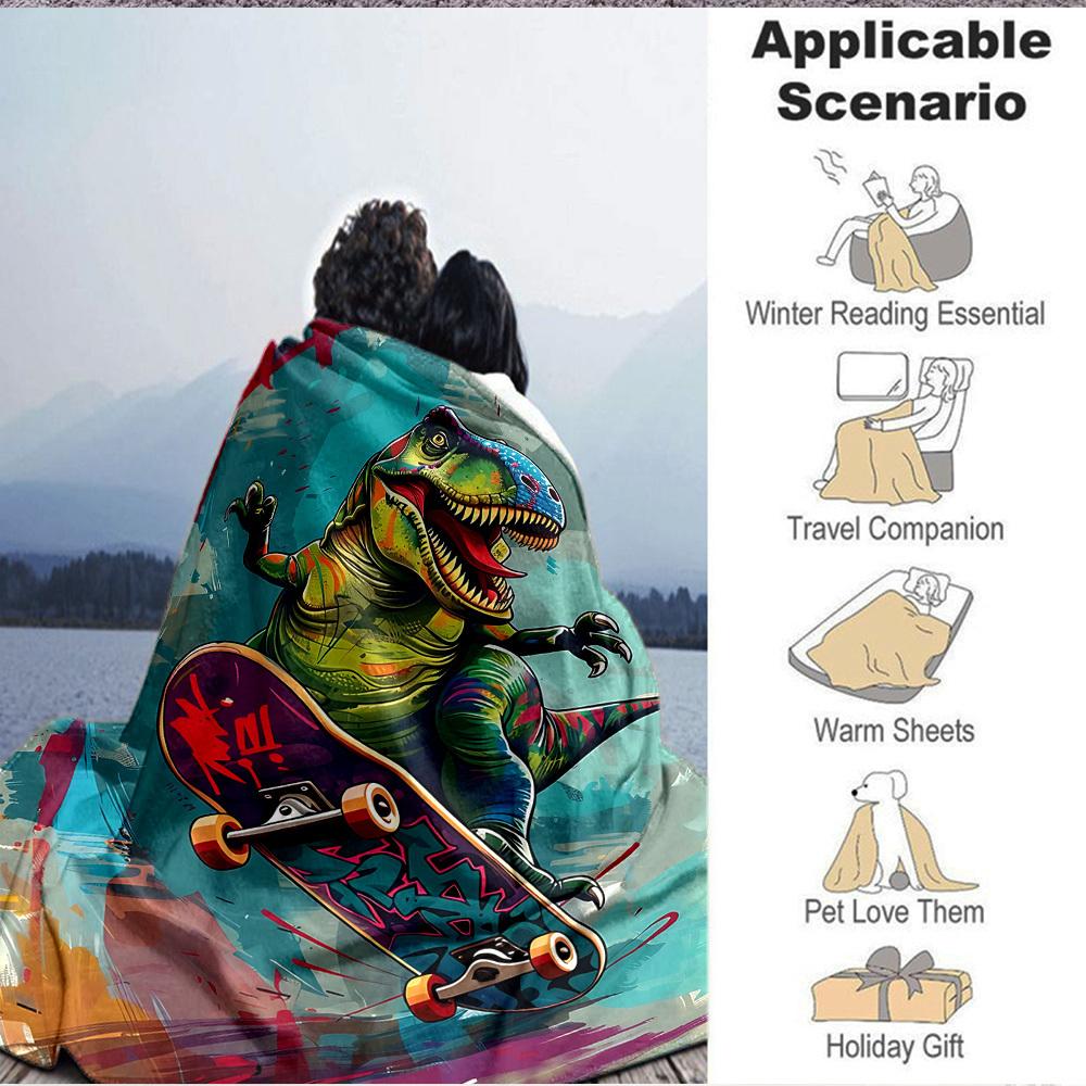 1pc DinoSkateboard Blanket, Lightweight Flannel Throw Blanket For Sofa, Bed, Travel, Camping, Living Room, Office, Couch, Chair, And Bed