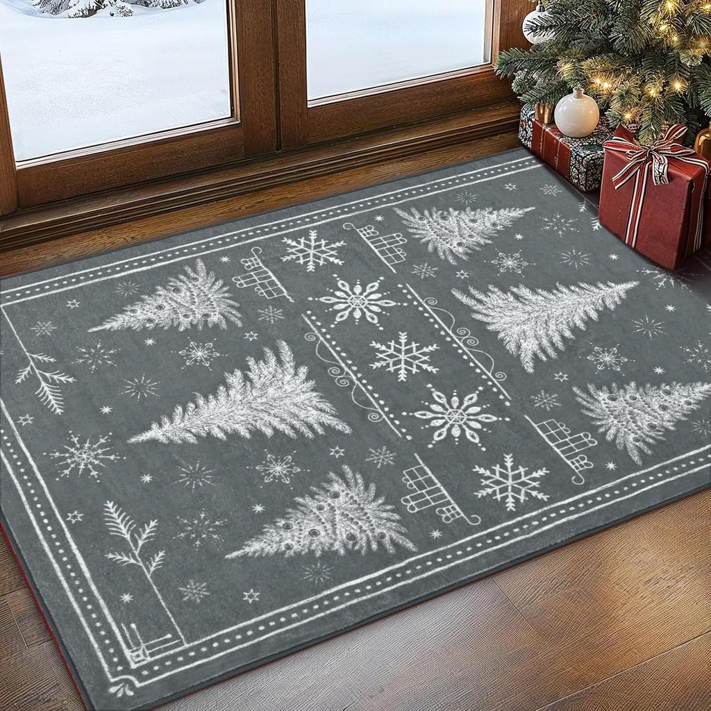 Christmas Area Rugs for Living Room, Xmas Tree Washable Rug Non-Slip Rugs for Bedroom, Snowflake Soft Large Floor Carpet for