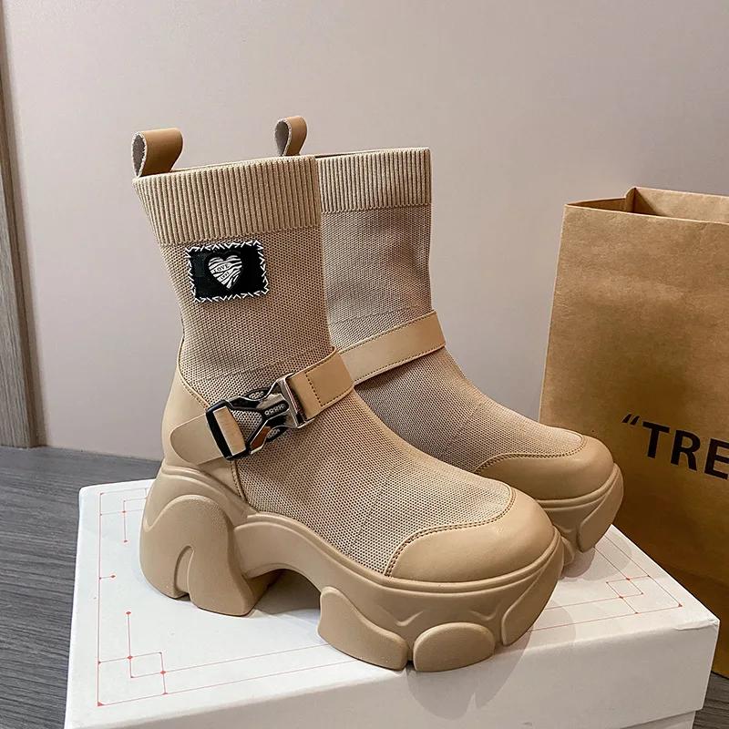

Fashion 7.5cm New Autumn Winter Chunky Heel All-match Women s Mid-tube Elastic Socks Boots Women Non Slip 39 хаки