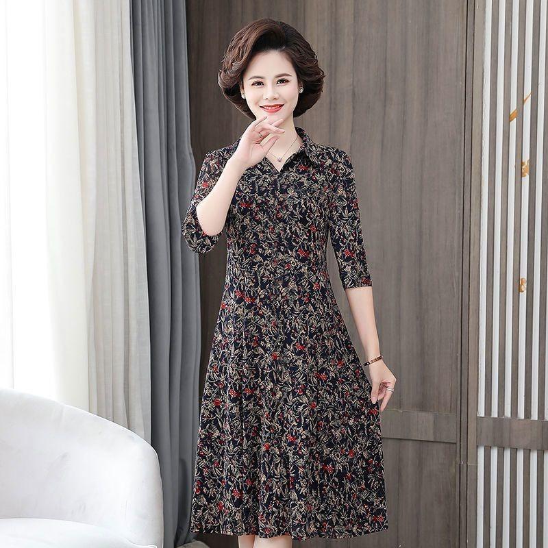 New Mother Suit Summer 7-quarter Sleeve Floral Dress Shirt Collar Mid-length Large Size Middle-aged Women's Clothing