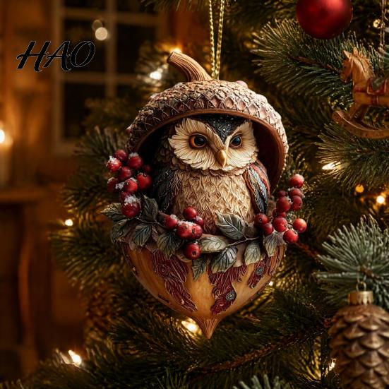 Elegant Holiday Decor Forest Animal Acorn Hanging Ornament, 2D Acrylic Flat Printed Tree Seasonal Ornaments for Christmas, Woodland Creature Pendant,