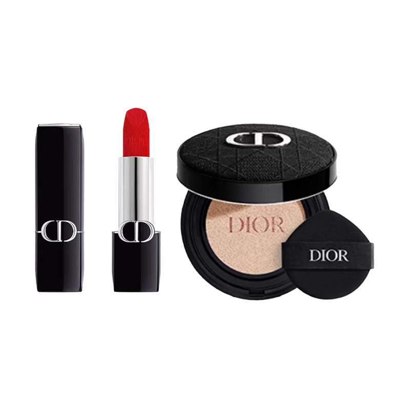 DIOR Губная помада Губная помада #999 Velvet 3,5 г + Вышитый чехол-кушон Cannage + Кушон ##0N Светлый тон кожи 13 г Без подарочной коробки Без подарочного пакета синий