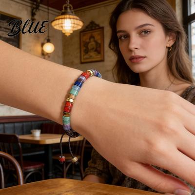 Natural Stone Bracelet Bead Retro Flat Adjustable Boho Flexible Size