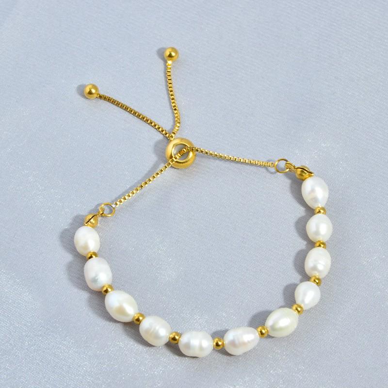 18K Gold Plated Freshwater Pearl Adjustable Pull-Through Bracelet Women Lightweight Luxury Handmade Beaded Jewelry
