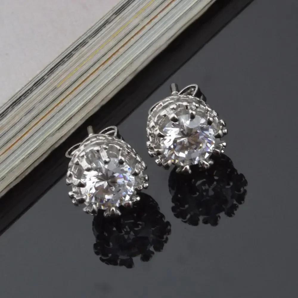 Gold Color Delicate Crown Small Stud Earrings Sparkling Round CZ Zircon Crystal for Women Men Classic Fashion Party Jewelry