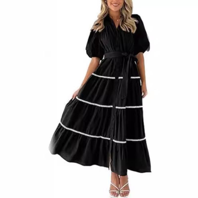 Elegantes Damen-Hemdkleid mit Rüschen in Übergröße, lockerer, plissierter Verband, Puffärmel, kurze Ärmel, Sommerkleid mit Knöpfen, modische Party-Prinzessinnenkleider 1078