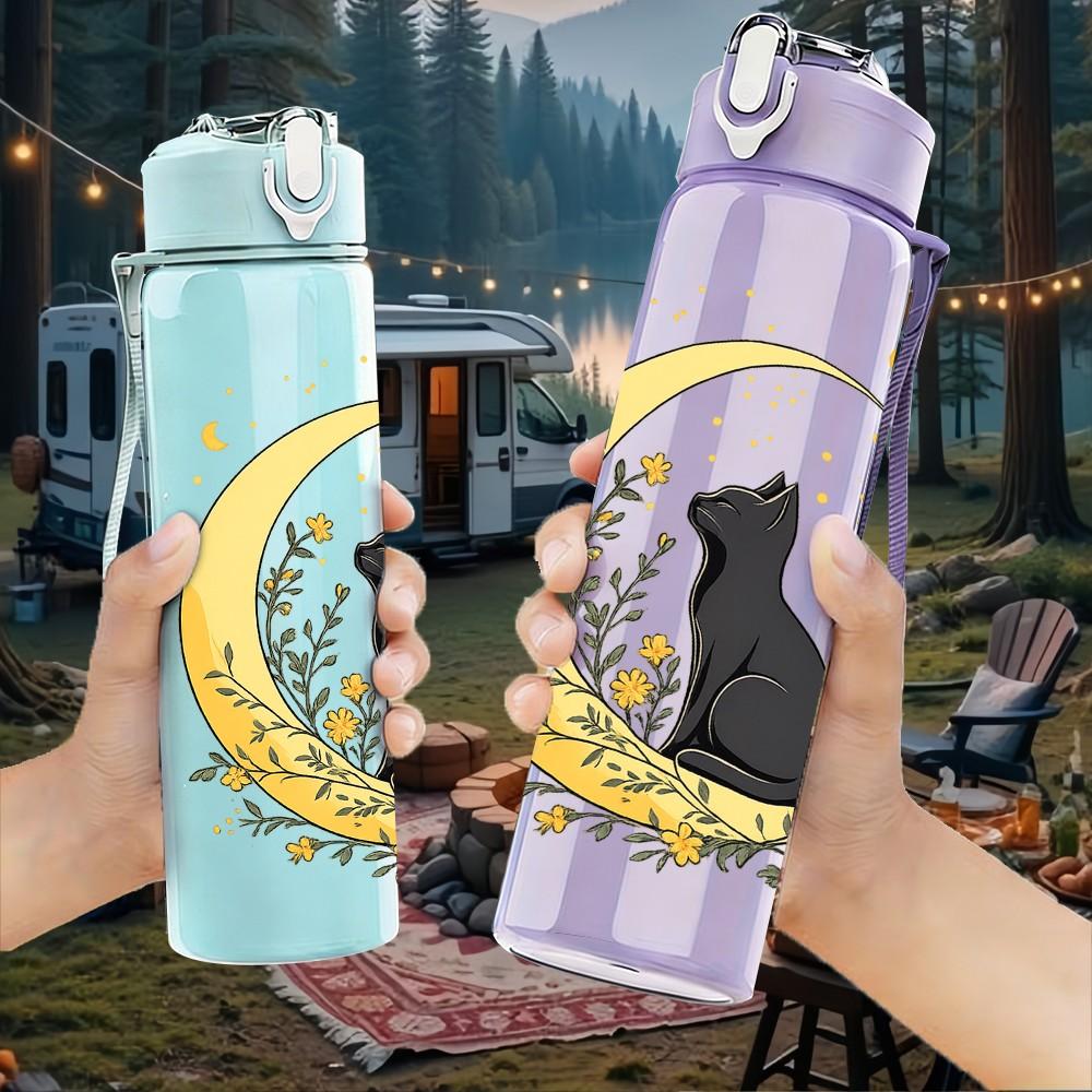 1PC Black Cat Moon Night Scene Print 750ml Color Plastic Sports Water Bottle Leakproof Flip Straw Lid Suitable for Sports Office Home Use