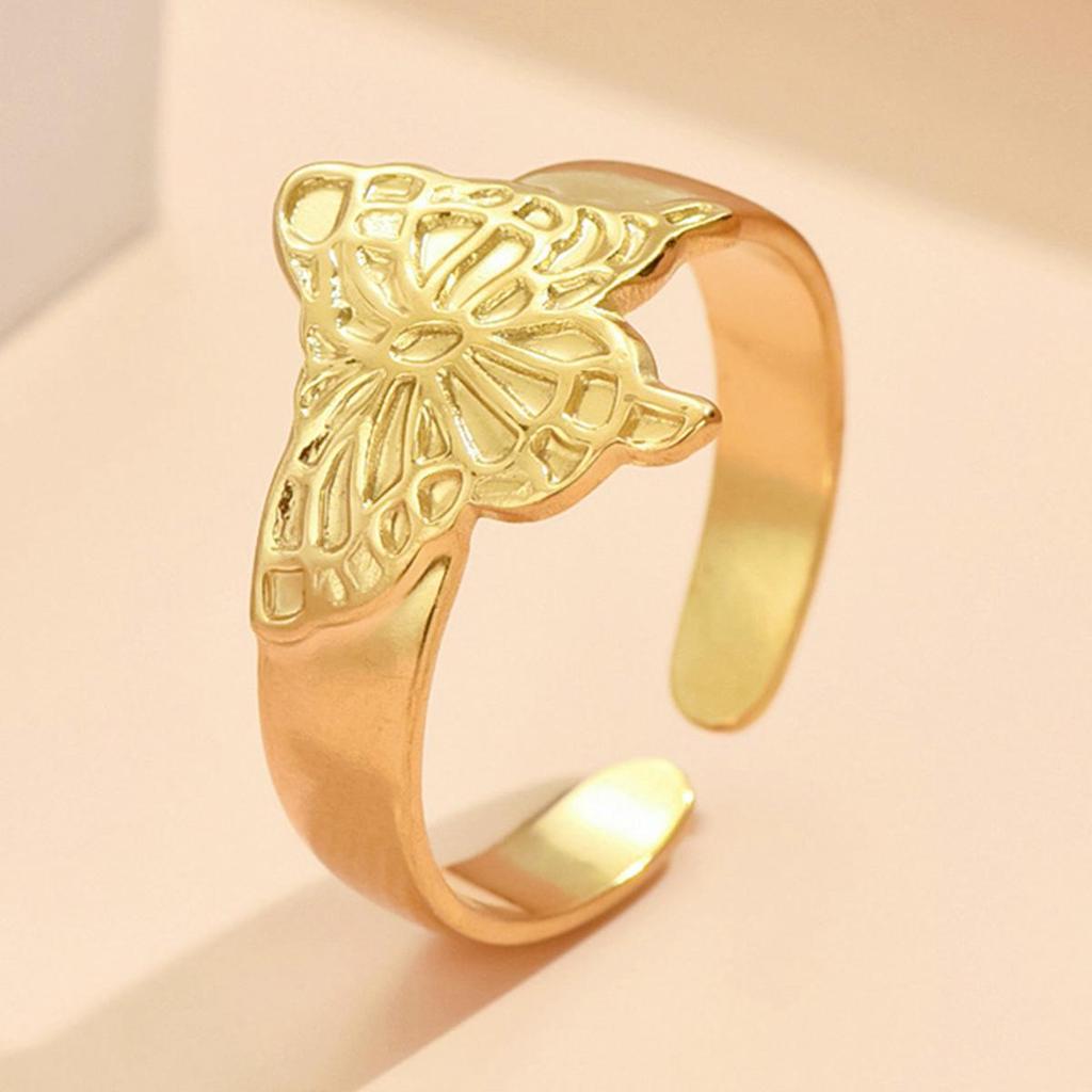 Adjustable Gold-Plated Stainless Steel Butterfly Ring for Women - Non-Fading Finish