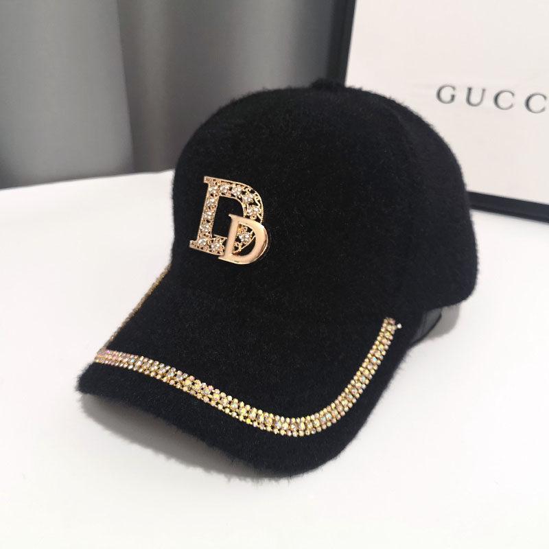 Purchase Rabbit Fur Hat Ins Autumn and Winter D Letter Diamond-encrusted Peaked Cap Showing a Small Warm Plush Baseball Cap