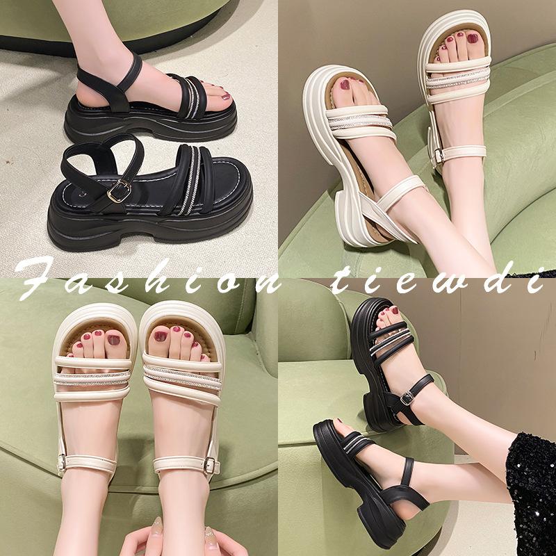 Sommer Dicken Boden Sandalen Weibliche Fee mit Rock Strass Ein Wort Schnalle Riemen Strand Schuhe Weibliche Mode Frauen Sommer Atmungsaktive Schuhe