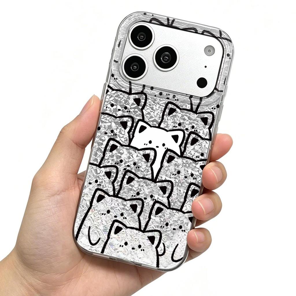Case for iphone 14 17 Pro XS Max 18 Pro Max 15 13 XR 12 Air 11 16 Plus Silver Glitter Crackle Background Cat Line Patterns
