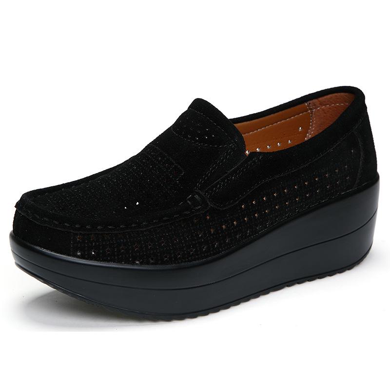 Fashion Women Wedge Heels Platform Shoes Genuine Leather Loafers Casual Walking Shoes Non-slip Mother Shoes