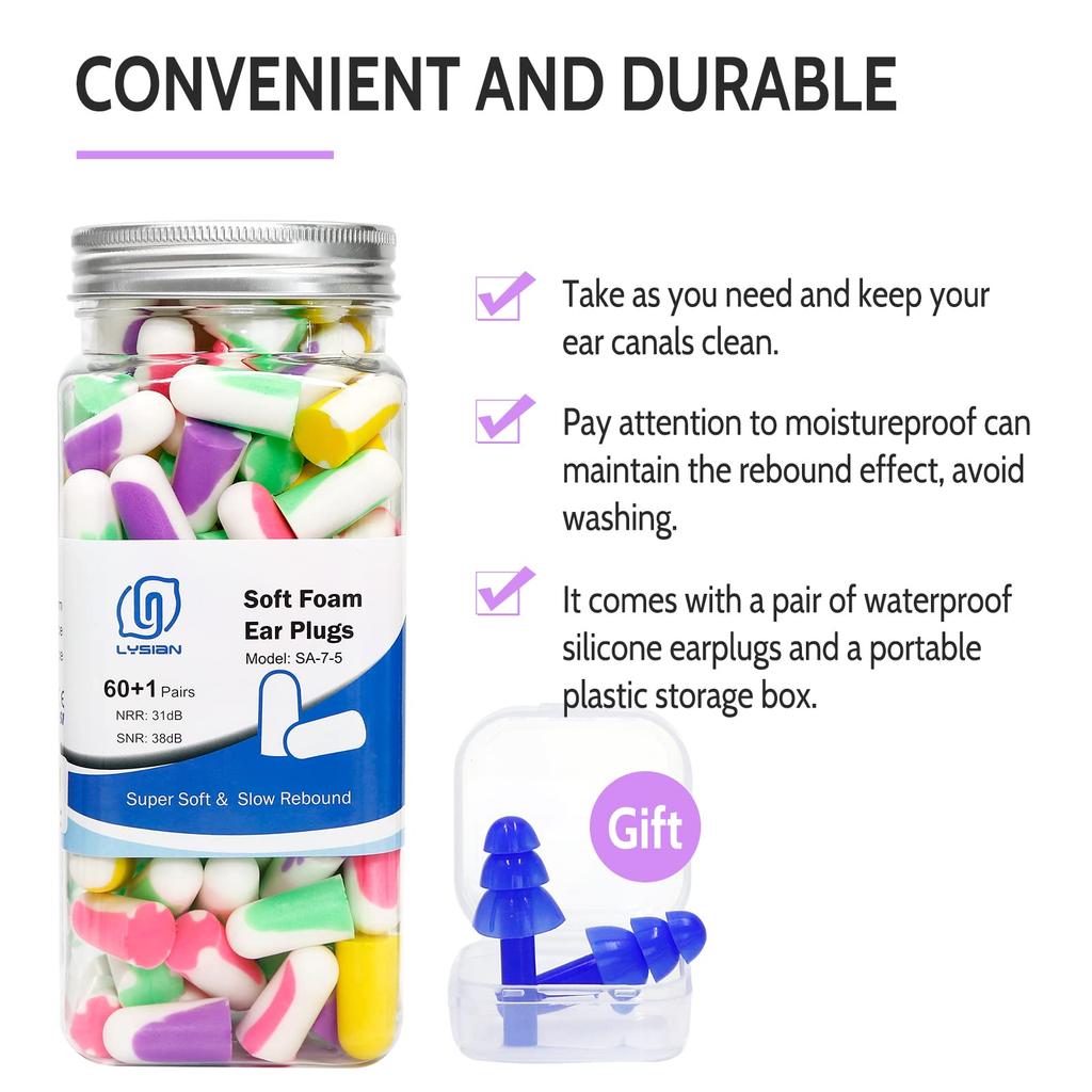 LYSIAN Ultra Soft Foam Earplugs for Sleep Noise Cancelling Earplugs for and Sound Reduction 60 Multicolor - Sleeping, Shooting, Snoring, Grass-Cutting