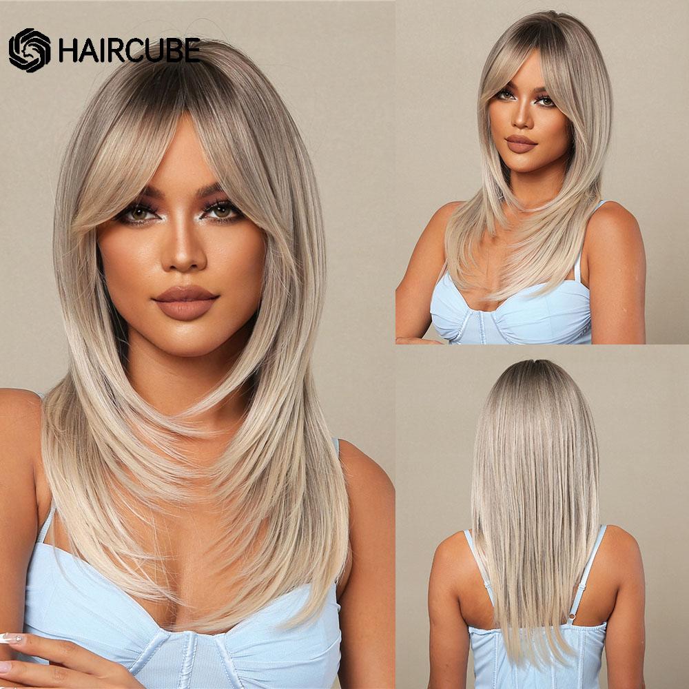 Long Wavy Layered Black-Brown Shoulder-Length Wigs With Bangs Heat Resistant Synthetic Wigs for Women Cosplay Daily Natural Wigs