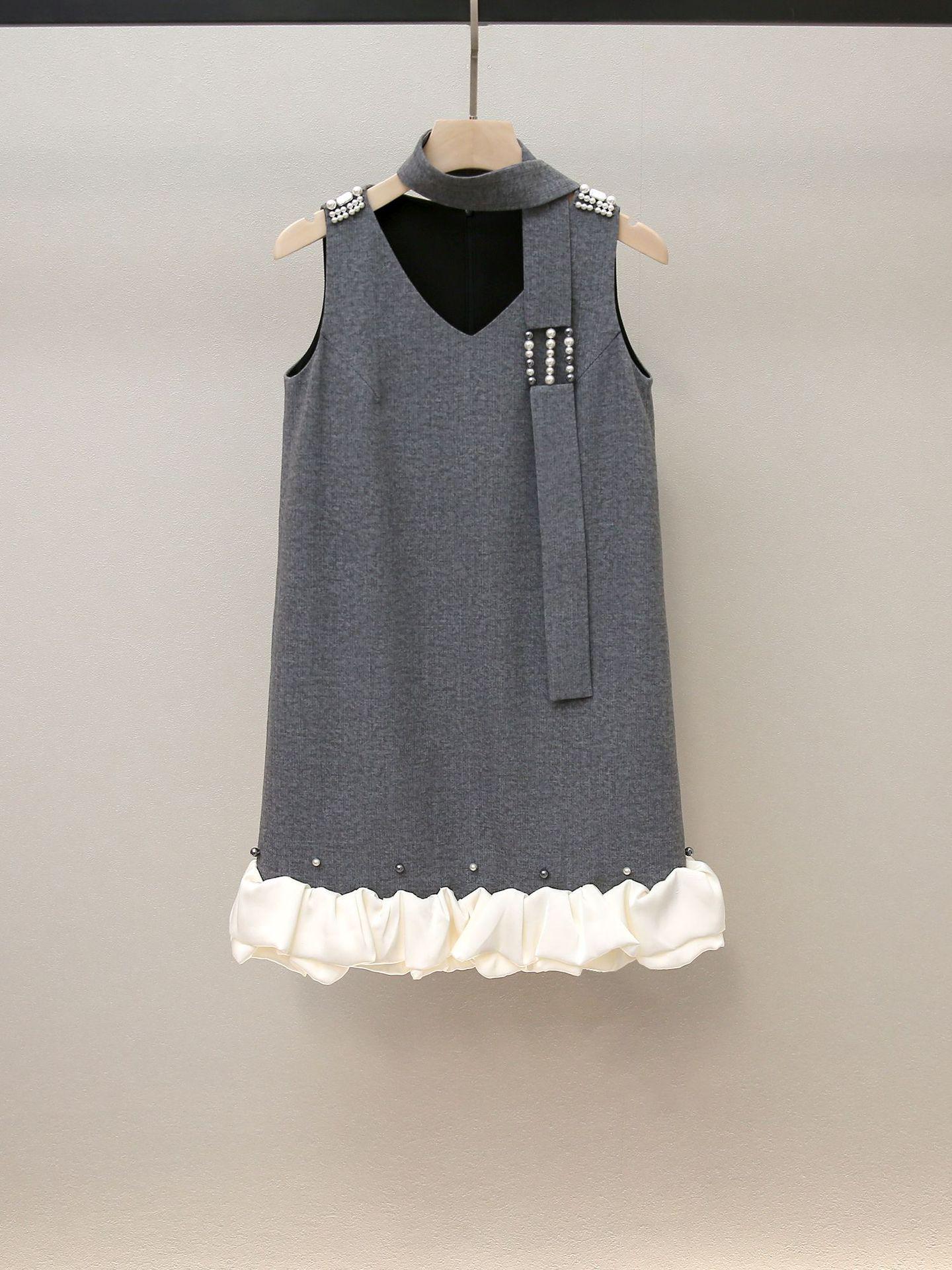 

Gray French Socialite Patchwork Sleeveless Slim Dress Large