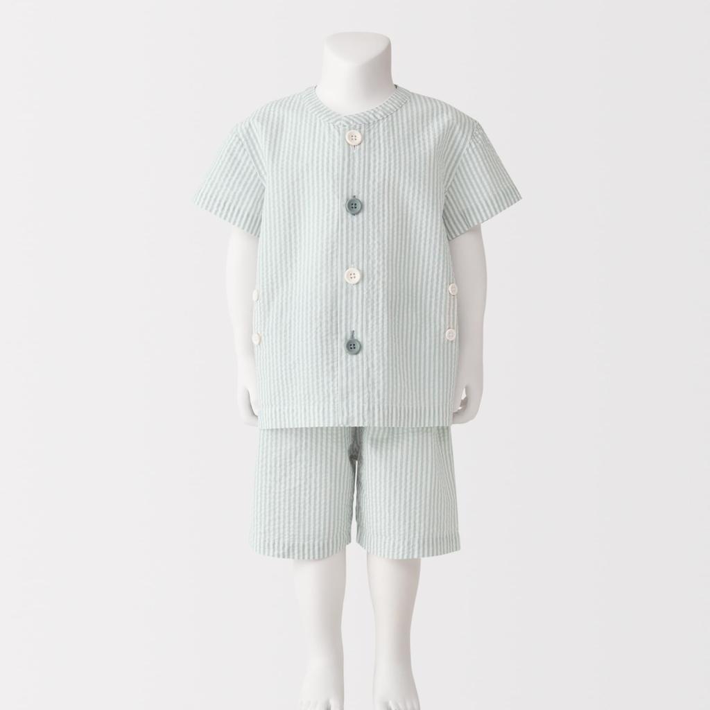MUJI Baby Seamless Soccer Woven Short Sleeve Changing Light Blue Sizes FED17A5S Pajamas, Unisex, Stripes, 80-90,