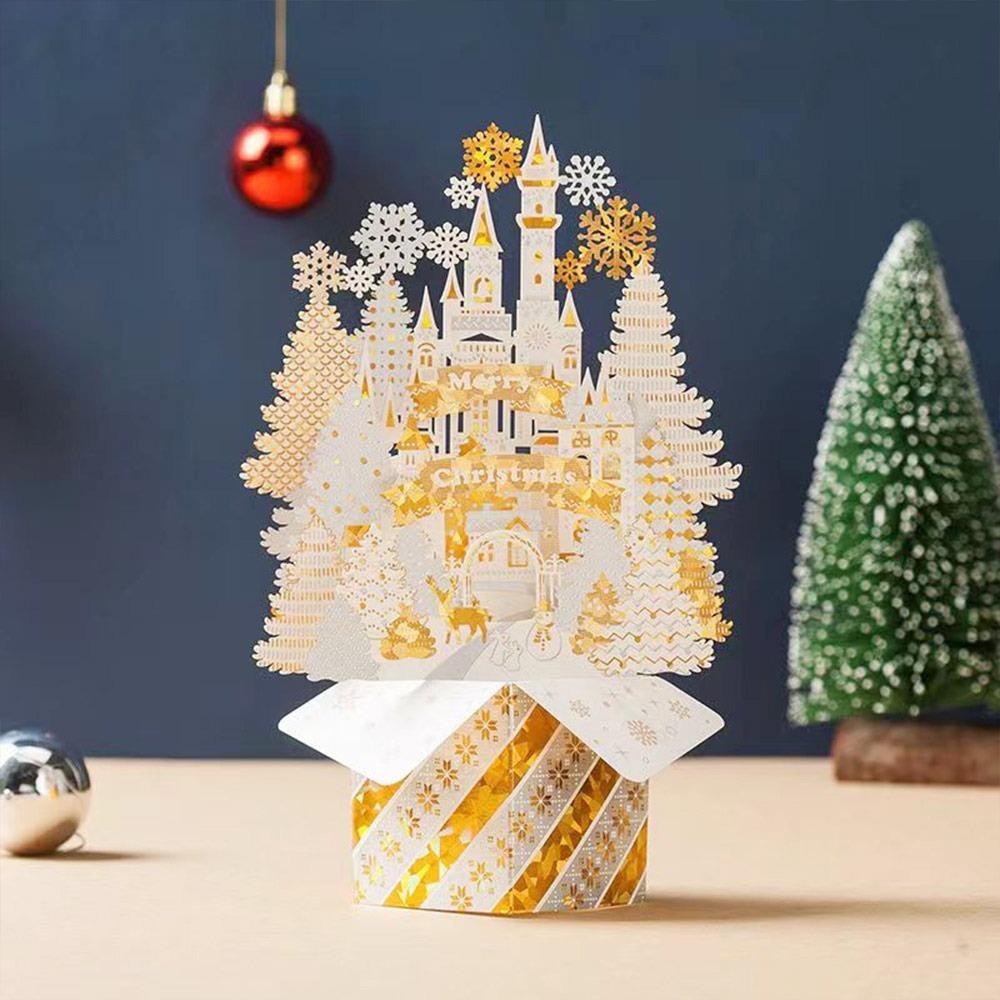 Paper Christmas 3D Greeting Card Gold Plated Craft Merry Christmas Blessing Cards with Envelope Ornaments Paper Carving Postcard