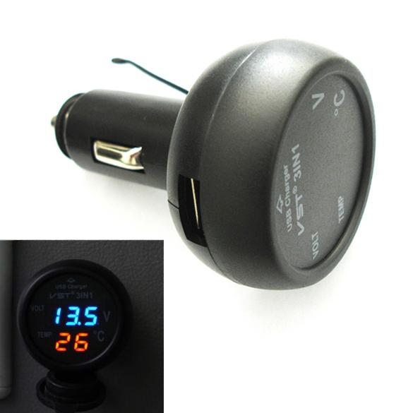 Car Voltmeter Tester 3in1 Digital Voltmeter Thermometer Blue Red LED Display 12/24V 2.1A Cigarette Lighter USB Car Charger