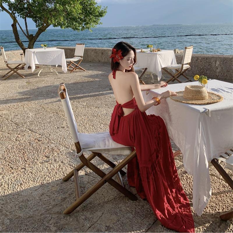 French sexy pure desire style Thai seaside vacation dress women's Sanya sexy suspender cake backless long skirt