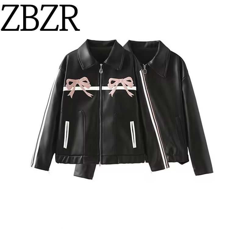 Za Autumn/Winter New Arrivals Women's Clothing Zr European and American Style Foreign Trade Fashion Versatile Sweet Cool Bow Leather Jacket Coat