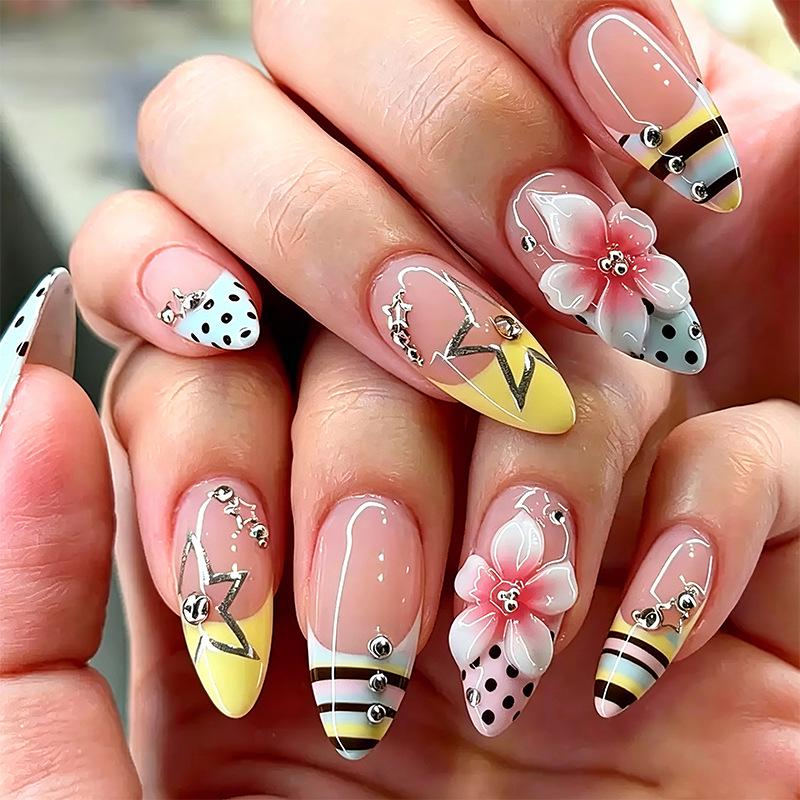 3D Pink Flower Leopard Print Detachable Wearable Nail Tips - European & American Design