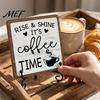 Wooden Coffee Bean Decor Bar Sign with Iron Stand, Vintage Black & White Cafe Desktop Display Stand Wall Art, Rustic Tabletop or Hanging Frame