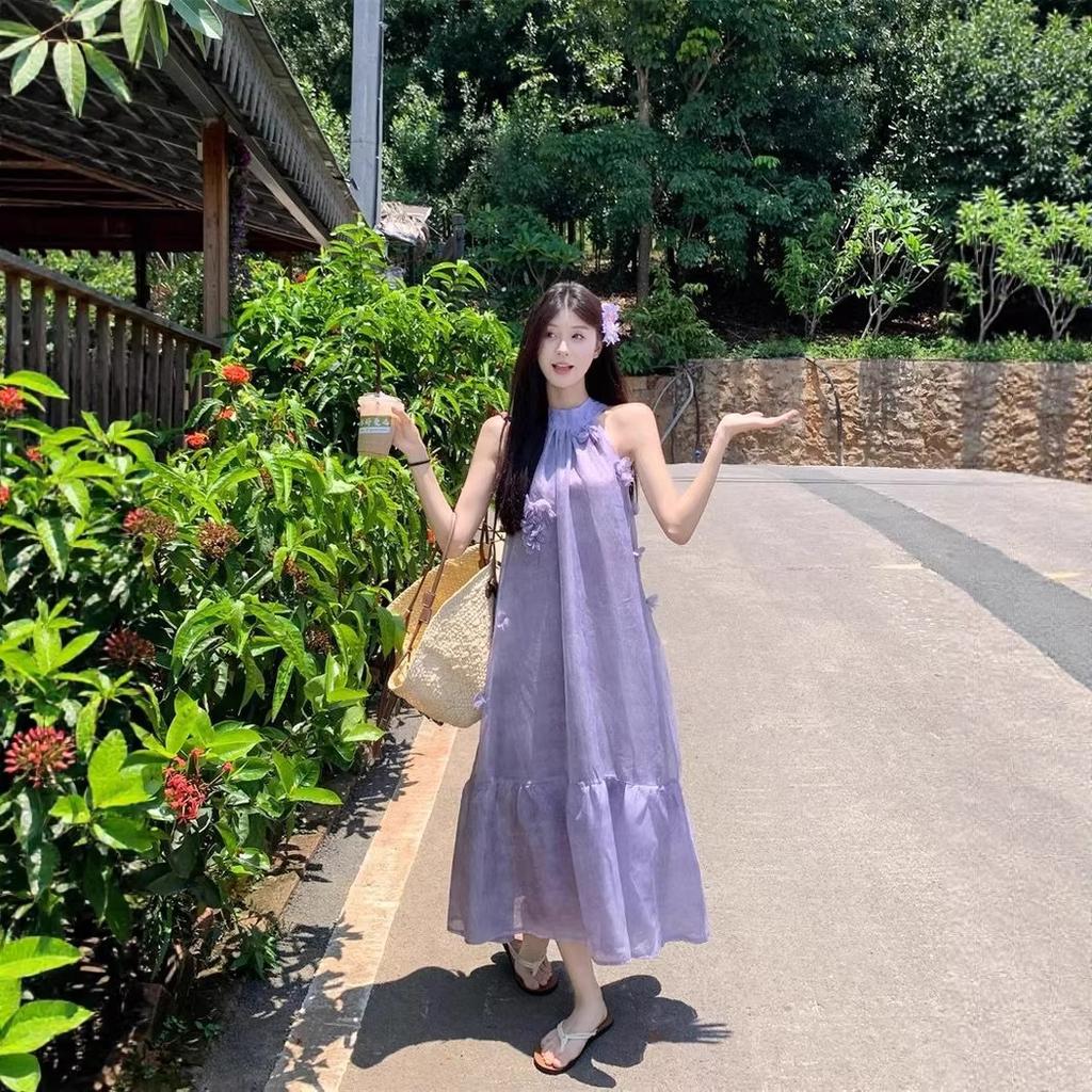 French Purple Sleeveless Neck-hanging Dress for Women's New Summer Atmosphere, Wear a Beautiful Small Skirt