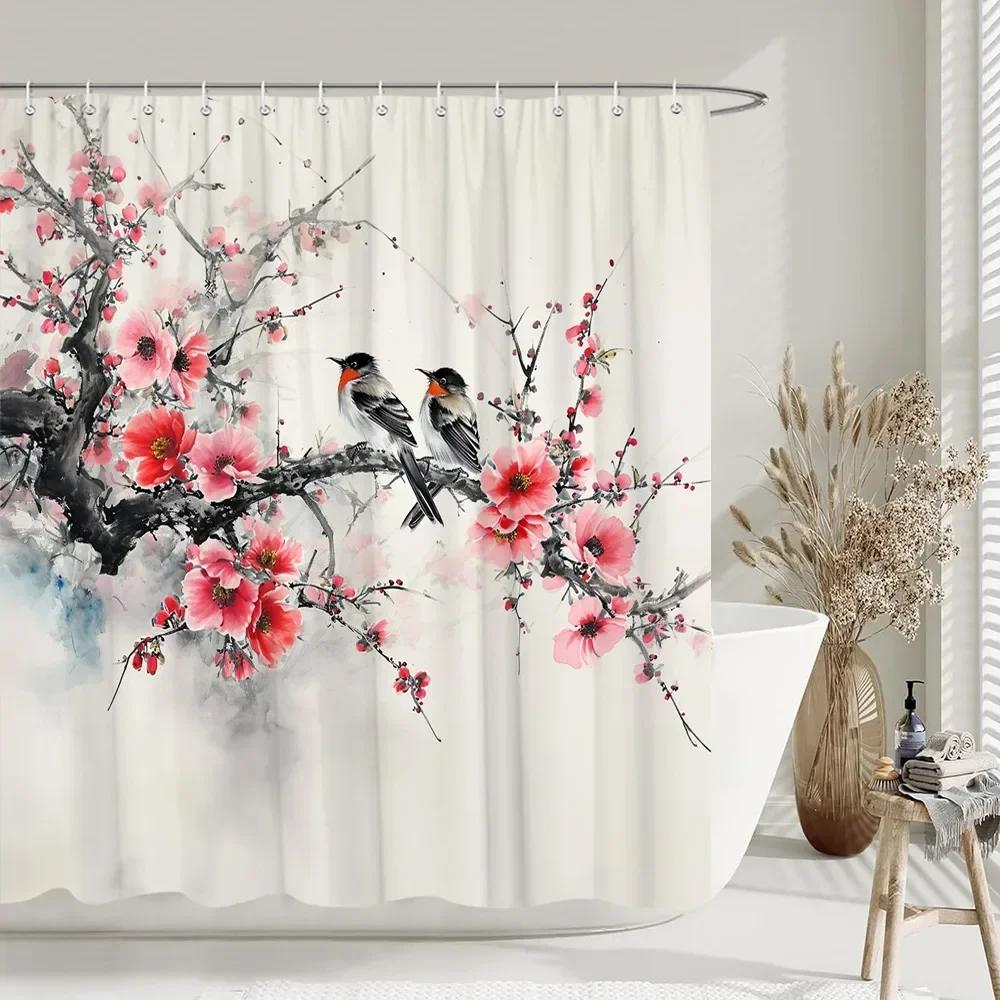 Chinese style Shower Curtain Koi Fish Cherry Blossom Sun Sea Wave Octopus Landscape Polyester Fabric Curtains Bathroom Decor