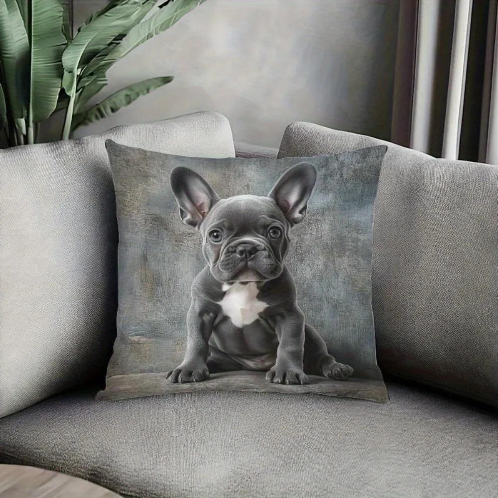Cute French Bulldog Puppy Peach Skin Pillowcase D Flat Printed Grey Frenchie Dog Cushion Cover Sofa Living Room Home Decor