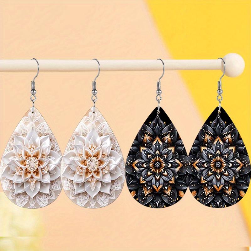 Elegant Mandala Floral Black White PU Drop Dangle Earrings for Women, Boho Mandala Flower Beach Theme Double Sided Hoop Earring