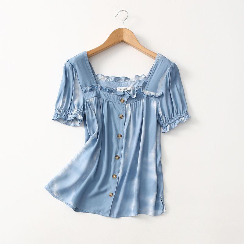 

Foreign Trade Original Order Fresh Print Loose Square Collar Cotton Silk Shirt Short Sleeve Artificial Cotton Tops Export Plus Size Women s Clothing Light denim blue Eurocode-XS
