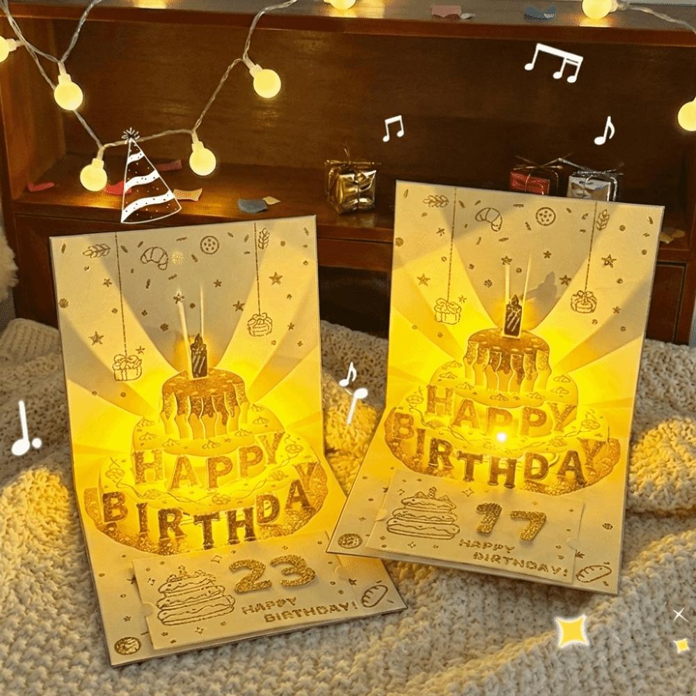 3D Happy Birthday Card Four-Layer Birthday Cake with Automatic Music Lighting Musical Light Greeting Card Pop Up with Envelope