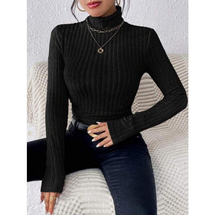 Elegant High Neck Slim Sweater for Women Long Sleeve Solid Color Autumn Winter Clothing