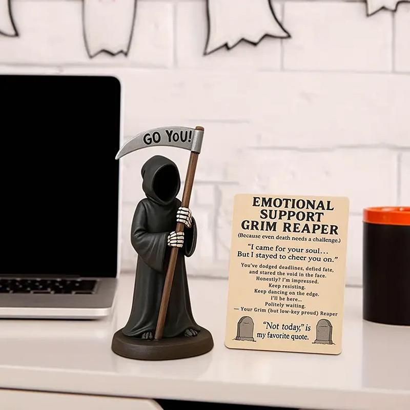 Gothic Emotional Support Figurine Grim Reaper Statue Halloween Decoration Holding Coffee & Cat Resin Desktop Ornament