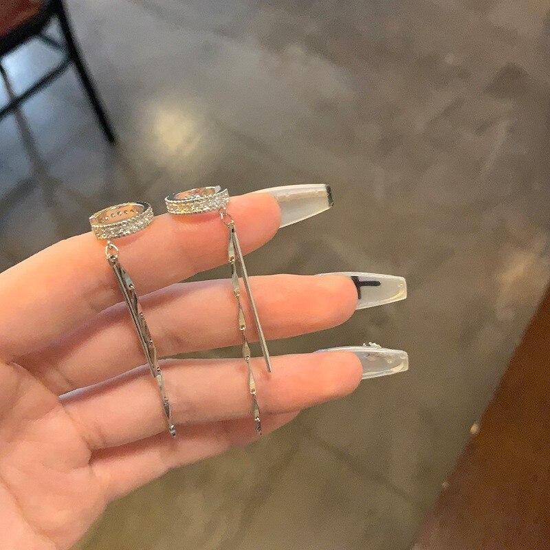 ANENJERY Shiny Zircon Long Tassel Cuff Clip Earrings for Women Light Luxury Ear Bone Clips Without Ear Holes Jewelry Pulseras