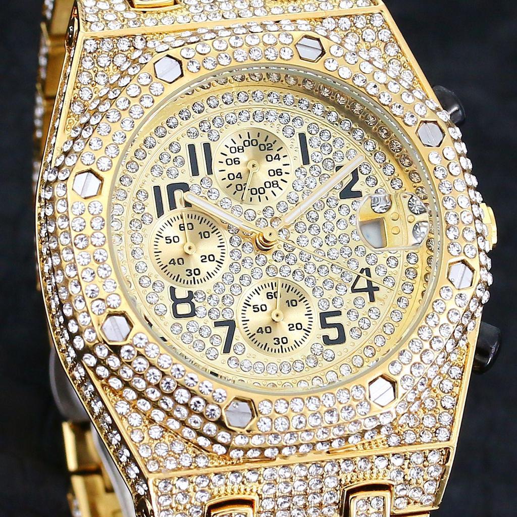 MISSFOX Men's Hip-Hop Fashion Chronograph: Full-Diamond Three-Eye Small Dial Sport Watch