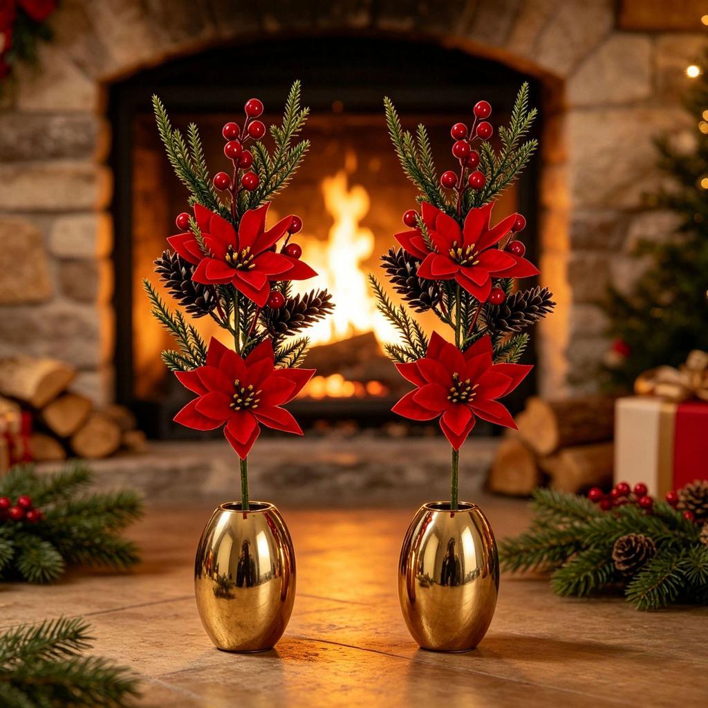Artificial Holiday Holly Leaf & Poinsettia Arrangement with Pine Cones