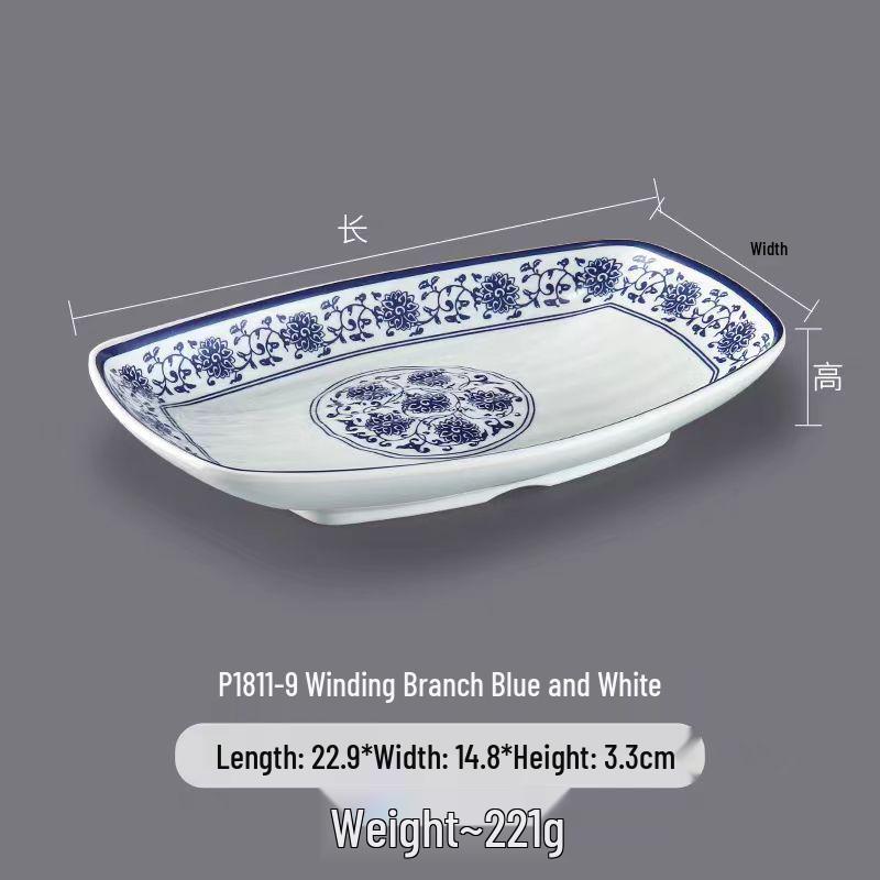 Melamine Rectangular Dinner Plate for Hot Pot, BBQ, and Cold Dishes - Porcelain-Look Restaurant Plate.