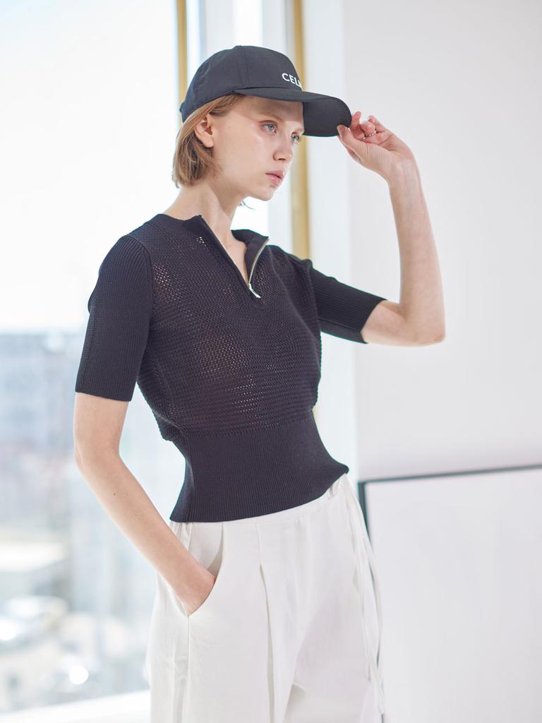 AYIHOLIC CASHMERE Half Zip Wide Rib Round