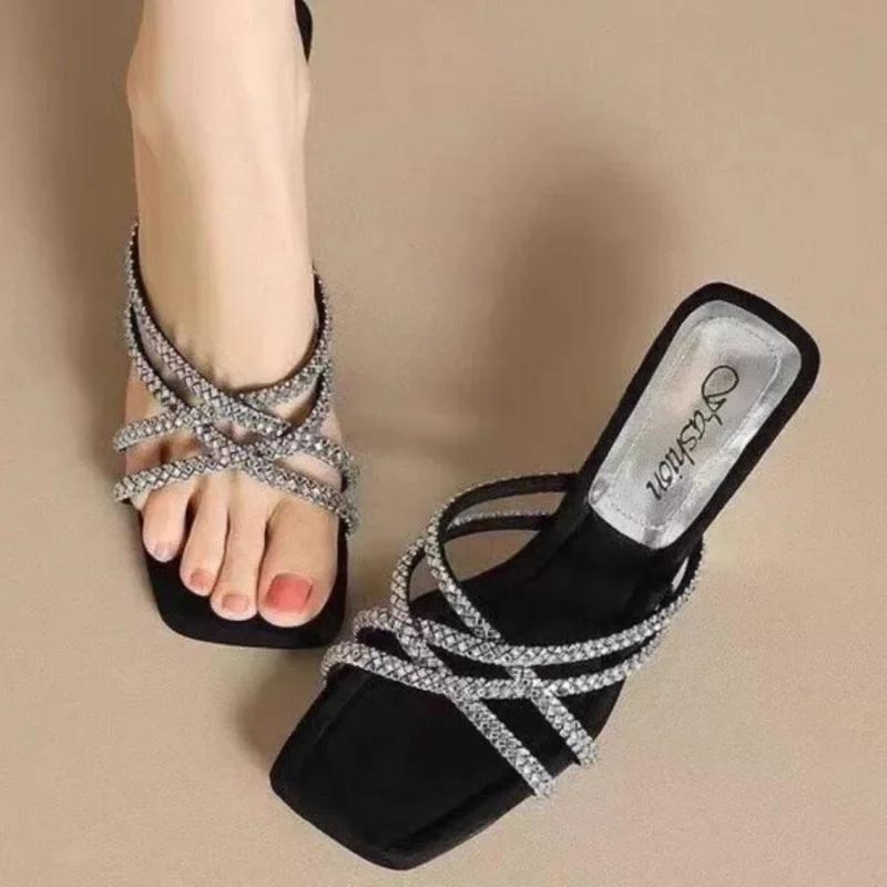 Luxury Rhinestone Women Shoes 2025 New Korean Fashion Women's Leopard Print Slippers Fashionable Outer Wear High Heel Slippers