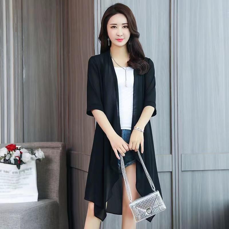 Summer Chiffon Shirt Medium Length Ultra-thin Coat Sun Protection Suit Solid Color Shawl Cardigan