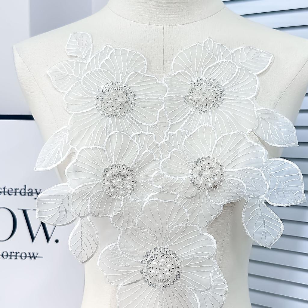 Apparel Accessories White Embroidery Beaded Pearl Flower Piece Collar Cloth Sticker Decal Decoration