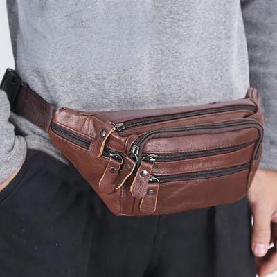 PU Leather Multifunctional Men's Waist Bag Multi-layered Large Capacity Travel Phone Bag Zipper Waterproof Waist Purse Pack