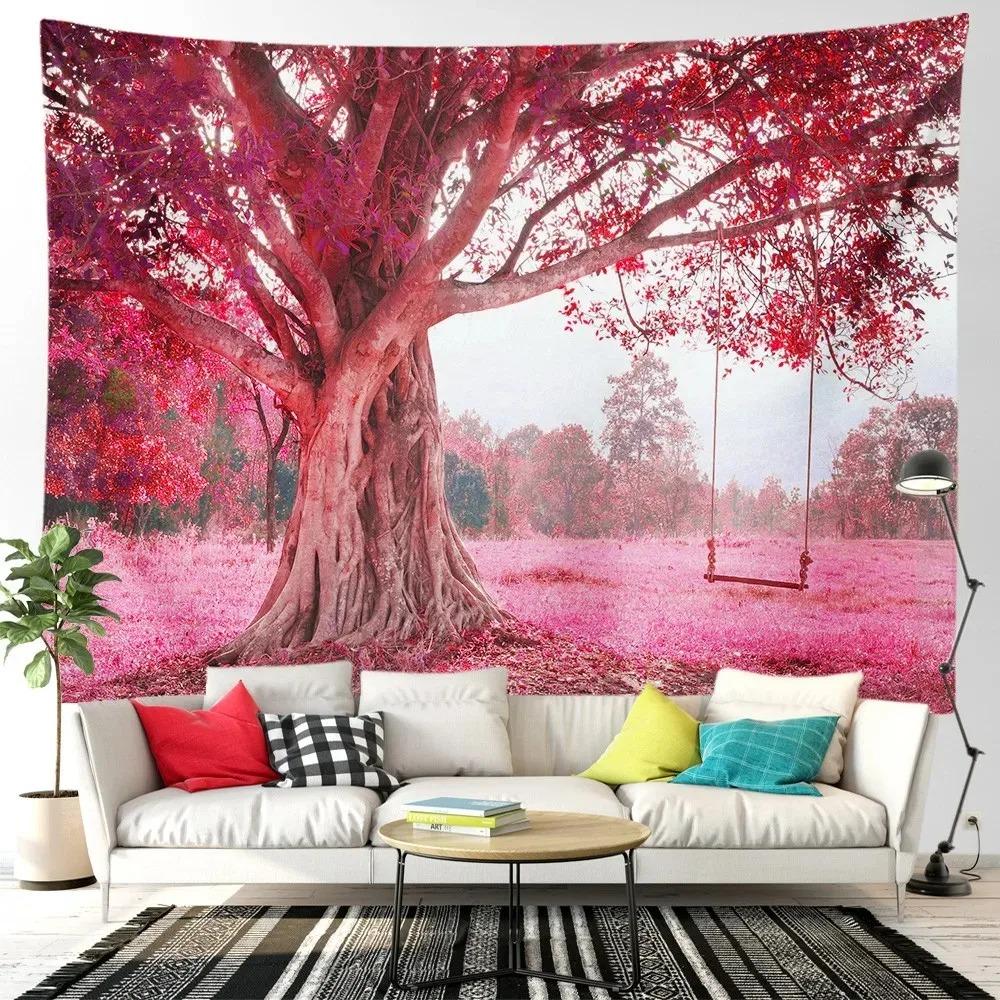 Pink cherry blossom tree forest t tapestry home decoration living room bedroom background hanging cloth