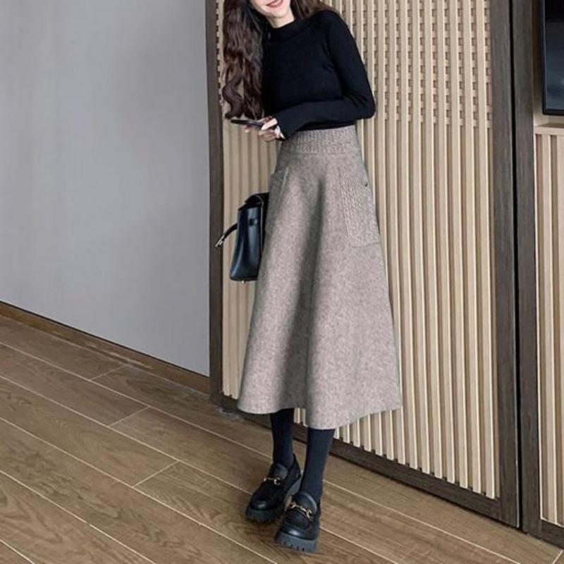 Women Fall Winter Medium Length Elastic High Waist Knitted Skirt Thick Soft Warm Solid Color Loose Big Swing Pocket A-line Skirts