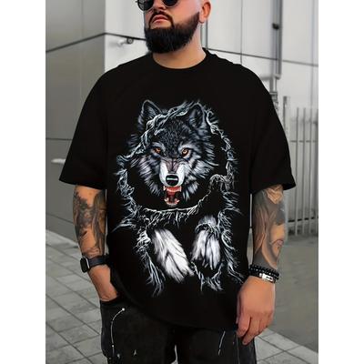 Plus Size 3D Wolf Print Cool T-shirt Oversized Graphic Tees for Big & Tall Guys Street Style Men T-Shirts